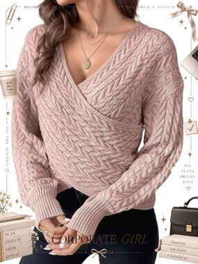 Long Sleeve Wrap V Neck Cropped Cable Knit Sweater Pullover